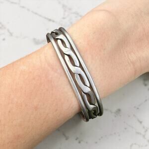 Modernist Cuff Bracelet Silver Tone Braided  Industrial Minimalist Stackable
